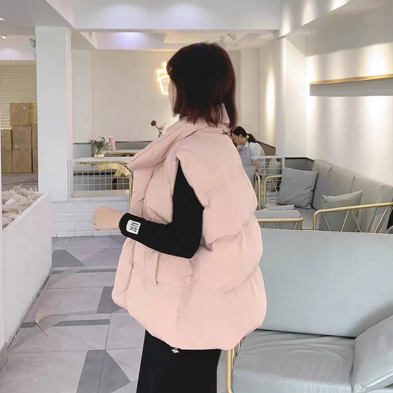 Loose Women's Sleeveless Jackets Solid Turn Down Collar Ladies Winter Vest Korean Style Oversize Waistcoat for Female 2021