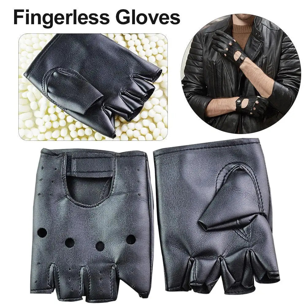 1 Pair Unisex Black Synthetic Leather Fingerless Gloves Solid Female Half Finger For Women Men Punk Motor Cycling Gloves