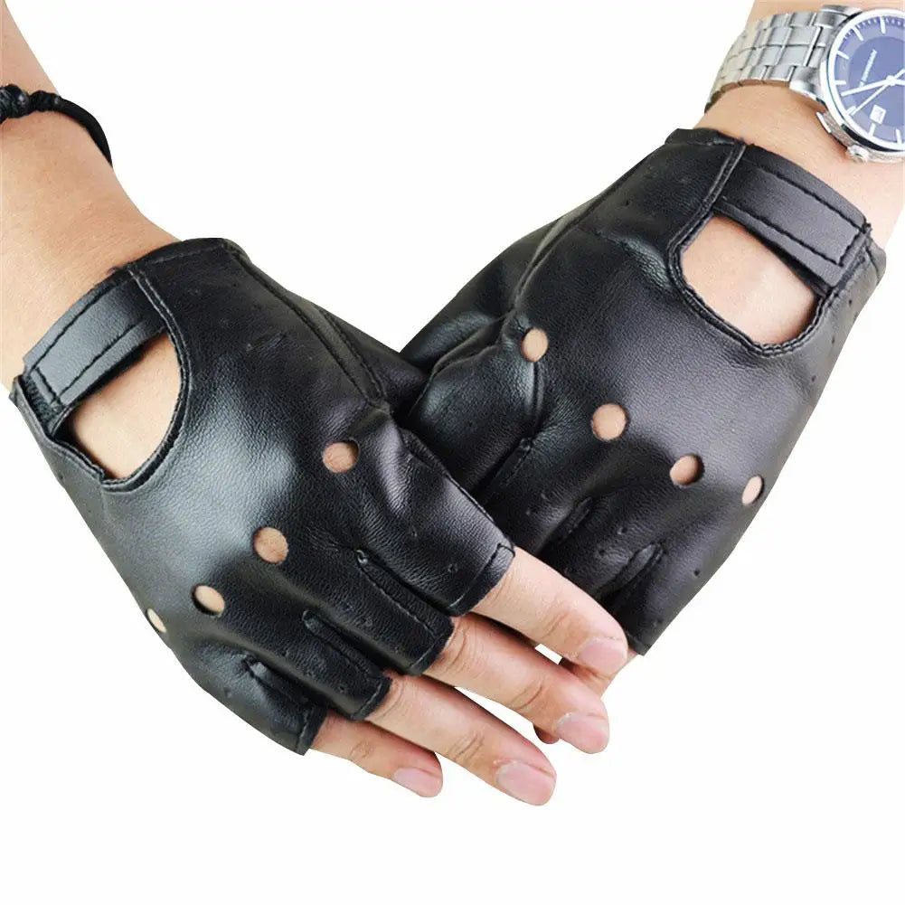 1 Pair Unisex Black Synthetic Leather Fingerless Gloves Solid Female Half Finger For Women Men Punk Motor Cycling Gloves