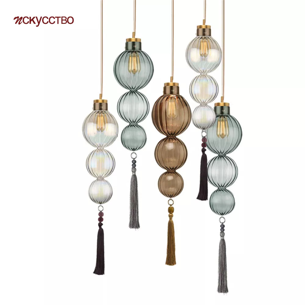 Chinese Style Stained Glass Gourd Tassel Pendant Lights Loft Living Room Kitchen Bedside Lamp Art Deco Indoor Lighting Fixture