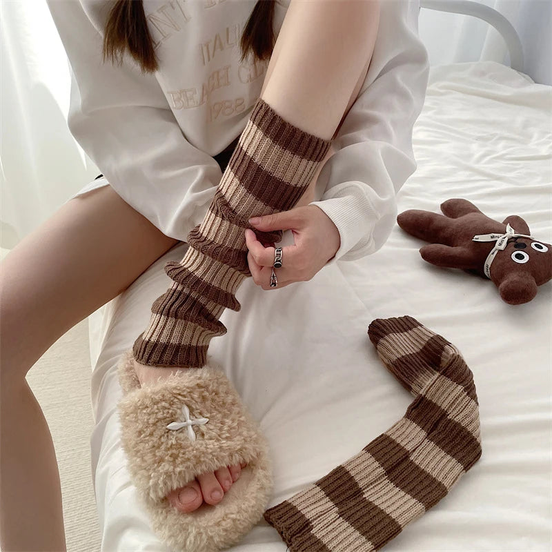 Women Striped Long Socks Black White Leg Warmers Lolita Arm Sleeves Autumn Winter Warm Leg Sleeves Calf Socks Y2K Stockings