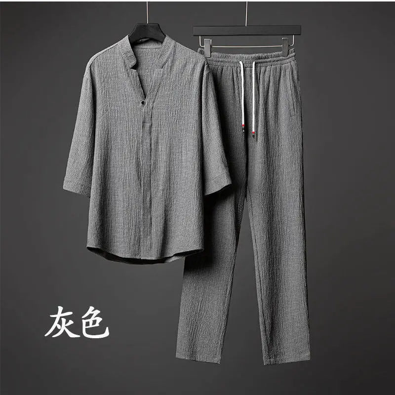 2023 Summer New Style Men's Fashion Casual Solid Color T-Shirt Suit Male High-Quality Cotton and Linen Two-Piece Set M-5XL