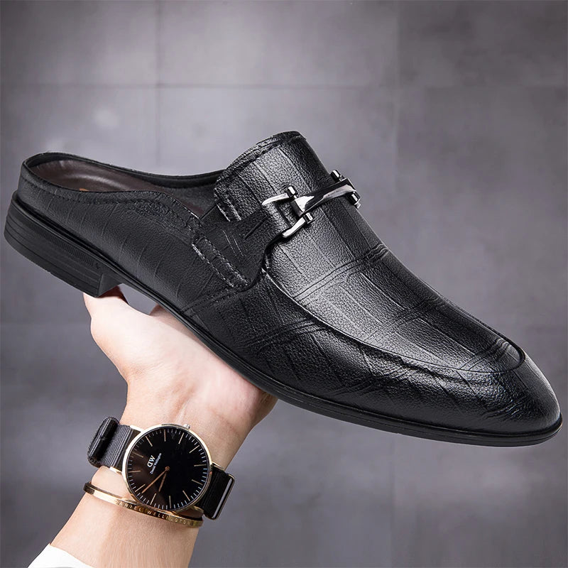 Men's First Layer Cowhide Genuine Leather Mules Male Summer Fashion Casual Breathable Comfy Sandals Open Back Low-heel Slipper