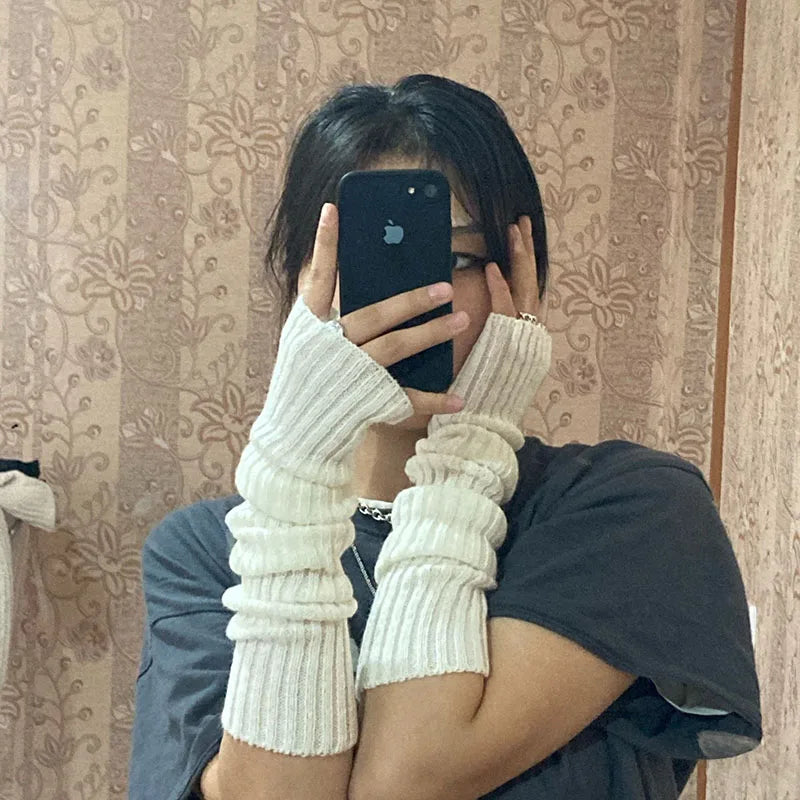 Winter Arm Sleeves For Women Thicken Warm Knitted Arm Warmers Solid Color Long Sleeve Half-finger Glove Gothic Fingerless Mitten