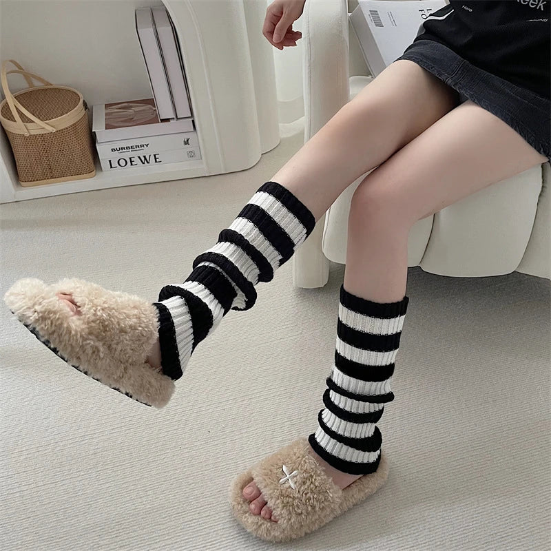 Women Striped Long Socks Black White Leg Warmers Lolita Arm Sleeves Autumn Winter Warm Leg Sleeves Calf Socks Y2K Stockings