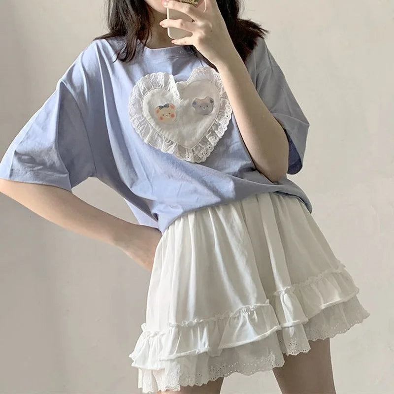 HOUZHOU Kawaii Mini Skirts Women Lolita Lace Ruffle Patchwork High Waist Short Skirt Summer Harajuku Japanese Style Soft Girl