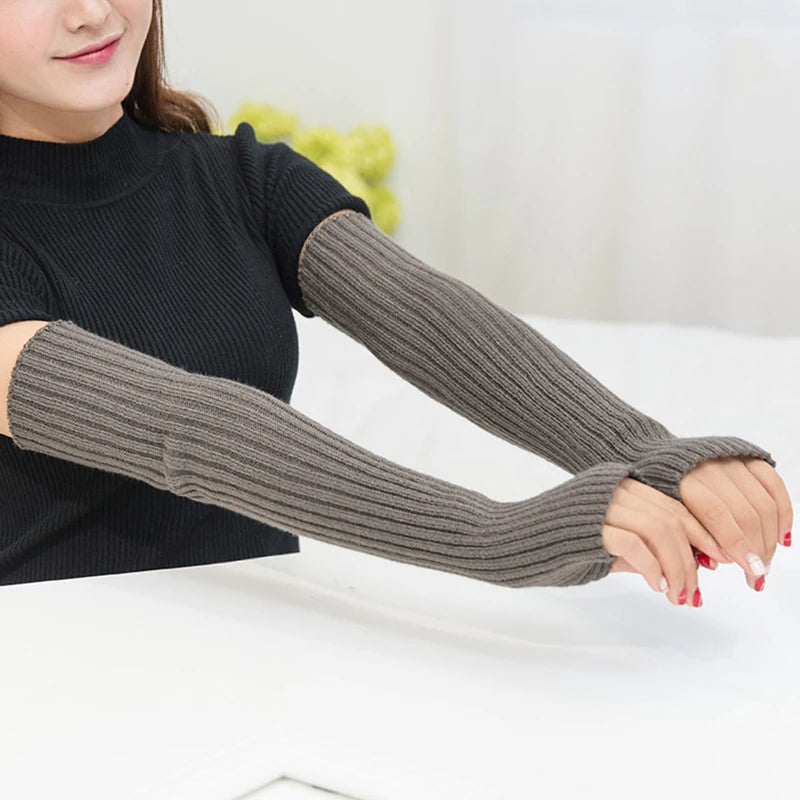 Winter Arm Sleeves For Women Thicken Warm Knitted Arm Warmers Solid Color Long Sleeve Half-finger Glove Gothic Fingerless Mitten