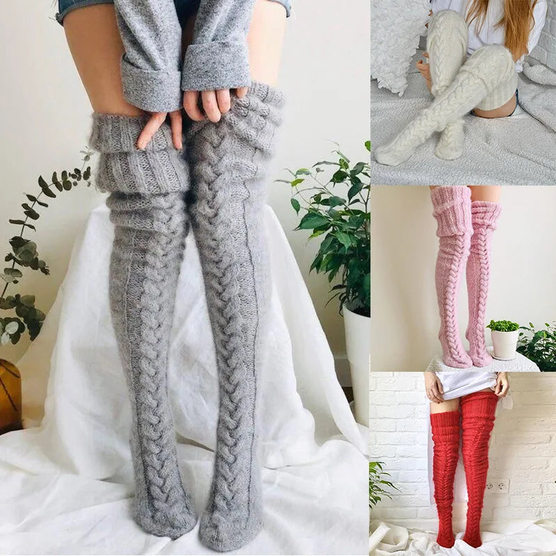 Women Winter Warm Breathable Long Johns Mohair Knee Length Knitted Wool Stretch High Sockings Femboy Leg Warmers Kawaii Clothes