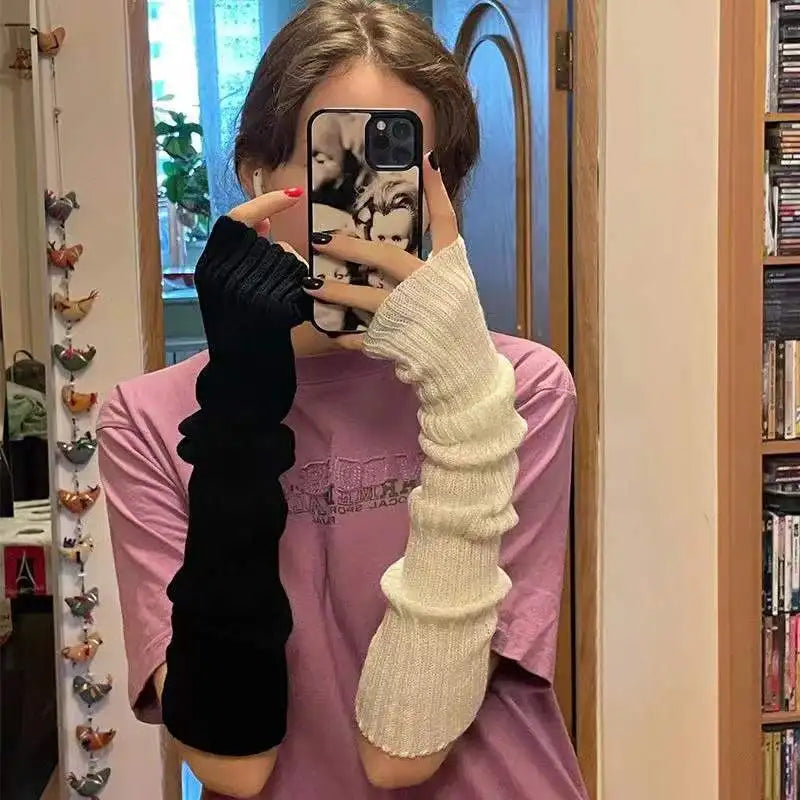 Women Long Fingerless Gloves Knitted Mittens Winter Arm Warmer Punk Gothic DIY Knitting Glove Y2K Girls Solid Gloves Arm Sleeves