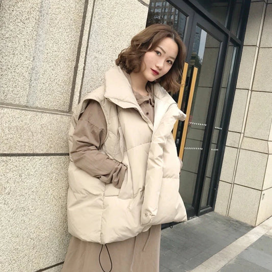 Loose Women's Sleeveless Jackets Solid Turn Down Collar Ladies Winter Vest Korean Style Oversize Waistcoat for Female 2021