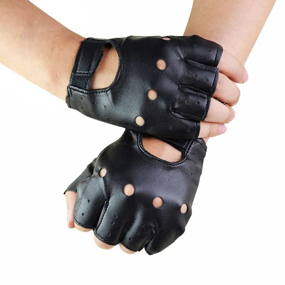 1 Pair Unisex Black Synthetic Leather Fingerless Gloves Solid Female Half Finger For Women Men Punk Motor Cycling Gloves