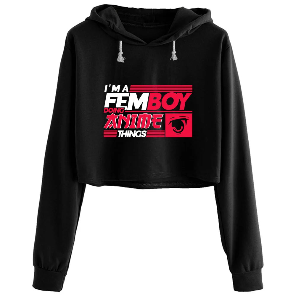 Anime Yaoi Femboy Crop Hoodies Women Harajuku Anime Emo Aesthetic Pullover For Girls